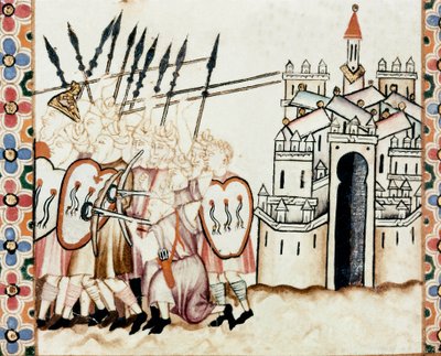Armee of the Moors defendendo uma cidade Detalhe de uma página tirada de um manuscrito do Cântico de Santa Maria, decora miniaturas dedicadas a Santa Maria e aos seus milagres, uma colecção de canções em vermelho sob o regimento de Alfonso X a w de Spanish School