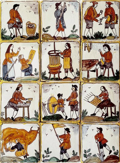 Ofícios artesanais: sapateiro, tanoeiro, fabricante de cestas de vime, vinicultor, leconista, músico, ordenhador de vacas, afiador, agricultor, ebenista. Azulejos de cerâmica catalã (Espanha) de Spanish School