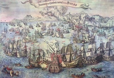 Batalha dos Downs, 21 de Outubro de 1639 (gravura a cores) de Spanish School
