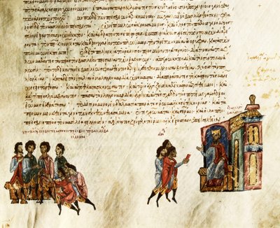 Imperador Bizantino Basílio I chamado macedónio (812-886) recebendo embaixadores sérvios (miniatura) de Spanish School