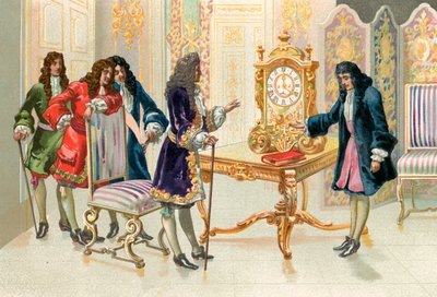 Christiaan Huygens apresentando o relógio de pêndulo para Louis XIV de Spanish School