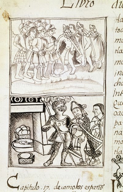 Códice da conquista do México - miniatura do manuscrito florentino "Storia degli Aztechi" (História dos Aztecas) de Bernardino de Sahagun de Spanish School