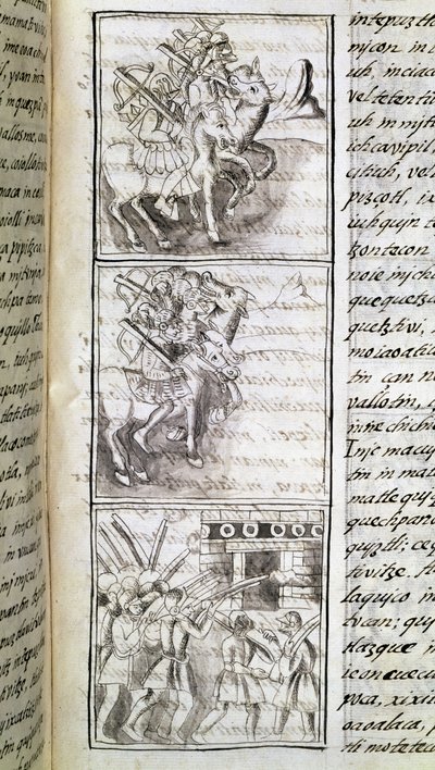 Códice da conquista do México: os espanhóis prontos para atacar a cidade de Tenochtitian. Miniatura do manuscrito florentino "Storia degli Aztechi" (História dos Aztecas) de Bernardino de Sahagun de Spanish School