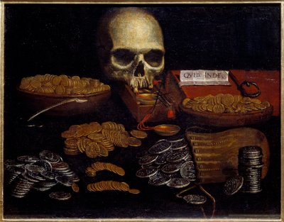 Coin Vanity Alegoria de passar o tempo e a morte, riqueza e prazeres humanos. Pintura da Escola de Espanhol. Século XVII Rouen, Museu de Belas Artes. de Spanish School