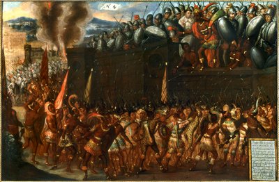 Conquista do México - A morte de Montezuma às mãos do seu próprio povo, a 1 de julho ... (óleo sobre tela) de Spanish School