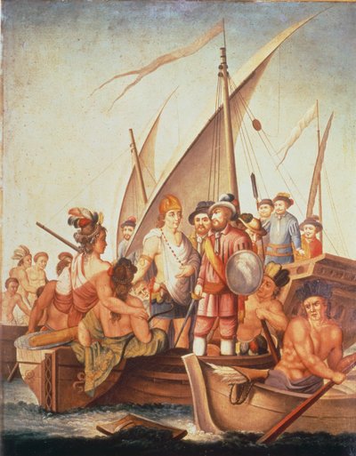 Conquista do México: Garcia de Holguin captura Guatimozin (óleo a bordo) de Spanish School