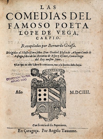 Capa de Las comedias del famoso poeta Lope de Vega, de Felix Lope de Vega Carpio (1562-1635), Edição de 1604 (monografia impressa) de Spanish School