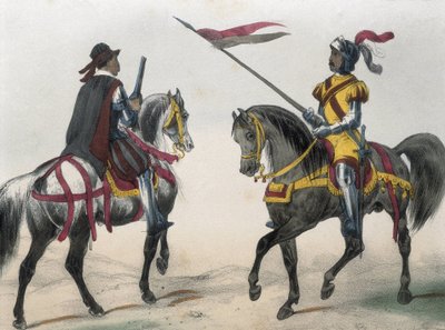 DE SOTTO, Serafim Maria, Conde de Clonard (1793 - 1862). Historia organica de las armas de Infanteria y Caballeria espanolas. 1851 - 1859. Cavaleiros durante o reinado de Filipe II de Espanha. "Heraldo de caballeria" (arauto de armas) e "hombre de armas" ( de Spanish School