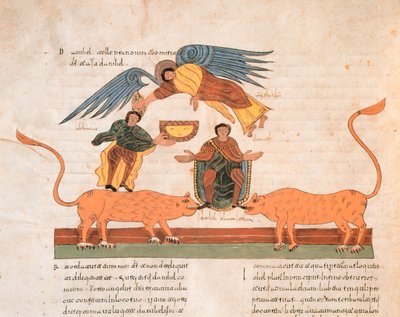 Daniel no Covil do Lions, da Bíblia Visigodo-Moçárabe de Santo Isidores, fol.325v., AD 960 (têmpera sobre velino) de Spanish School