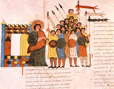 Partida do exército rei Davids para a guerra, da Bíblia visigodo-moçárabe de Santo Isidores, fol.131v., AD 960 (têmpera sobre velino) de Spanish School