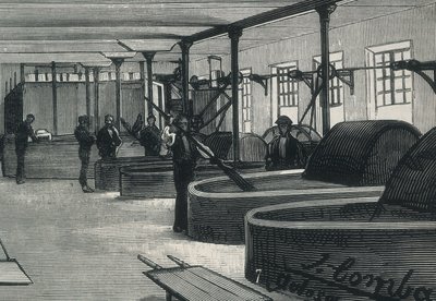 Economia (século XIX). Fábrica de Papel em Espanha "" La Guipuzcoana "". Sala cilíndrica e lavadora da fábrica localizada em Tolosa (Guipuzcoa). gravura de Spanish School