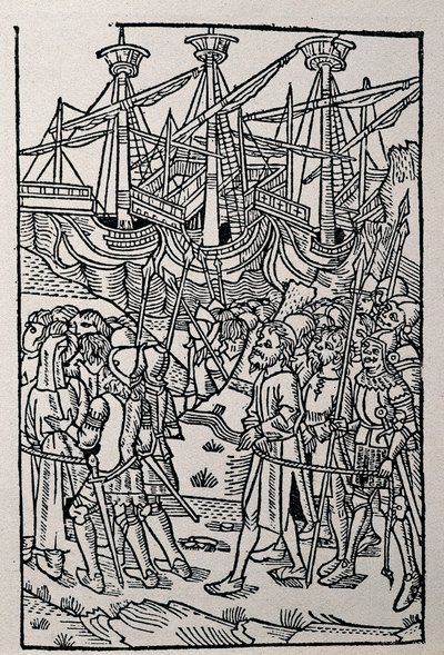 Gravura em História da Vespasian, impressa em 1495 em Saragoça (ilustração a p/b) de Spanish School