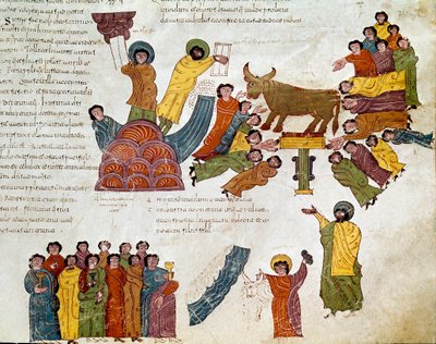 Êxodo: "a adoração do bezerro de ouro" Moisés e as Távolas da Lei. Miniatura de uma Bíblia moçárabe. Século 10. Leão. Biblioteca do Real Colegiado de São Isidoro. Espanha de Spanish School