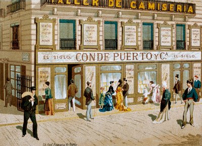 Moda: cartaz publicitário para a loja de tecidos "" Conde Puerto "" boutique Barcelona. Século XIX de Spanish School