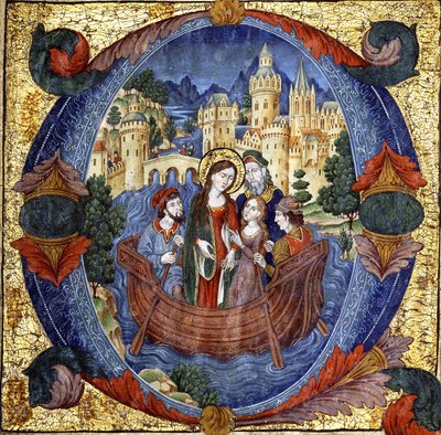 Santa em um barco com um casal cortês e dois barqueiros, dentro de um grande "O" inicial historiado, início do século XX de Spanish School