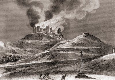 Incêndio no Mosteiro de Montearagon, Quincena, Huesca, Espanha, em 1835 (lito) de Spanish School