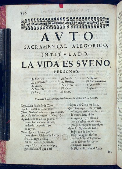 Primeira página de La Vida es Sueno de Los Autos Sacramentales de Pedro Calderón de la Barca (1600-81) editada por Juan Garcia Infanzon, 1690 (impresso) de Spanish School