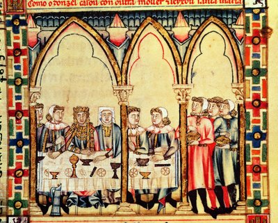 Fol.16v Banquete de Noivado, do manuscrito feito sob a direção de Alfonso X O Sábio Rei de Castela e Leão de Spanish School
