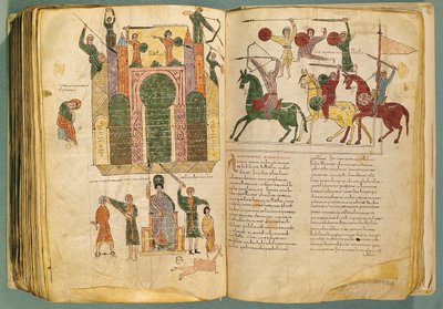 Fol.208 e 209v Ataque e tomada de Jerusalém por Nabucodonosor, cópia do original escrito pelo monge Beato de Liebana em c.776, do Comentário sobre o Apocalipse, (século X) de Spanish School