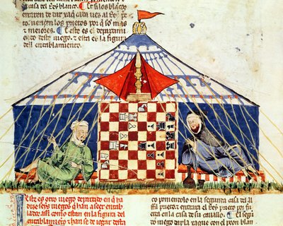Fol.62v Dois árabes jogando xadrez em uma tenda, do Livro dos Jogos, Xadrez, Dados e Placas, 1282 de Spanish School