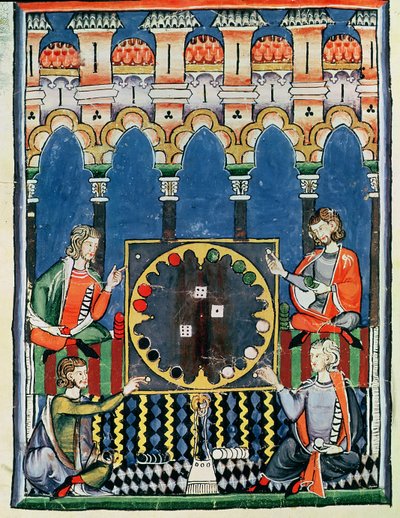 Fol.89v Quatro jogadores de Gamão Árabe, do Livro de Jogos, Xadrez, Dados e Pranchas, 1282 de Spanish School