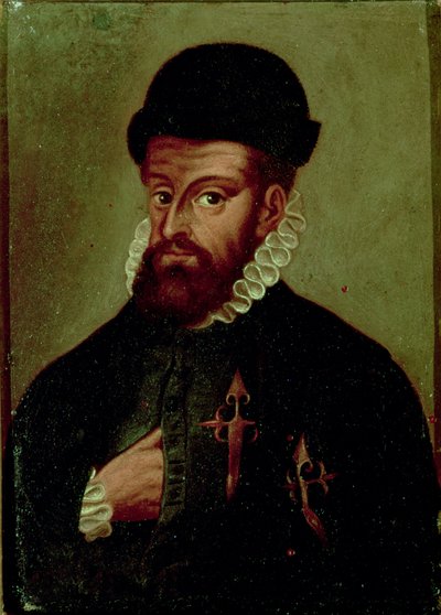 Francisco Pizarro (1478-1541) conquistador espanhol (óleo no painel) de Spanish School