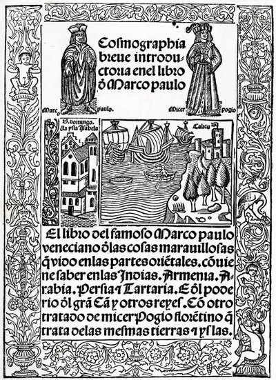 Frontispício da primeira versão castelhana de The Travels of Marco Polo, traduzido por Rodrigo de Santaella, publicado em 1503 de Spanish School