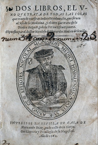 Frontispício, com o retrato de Nicolas Monardes (1493-1588) de um livro de medicina das ilhas do Caribe espanhol e usos da bezoard (anti-poison). Obra de Nicolas Monardes, edição 1569, de Hernando Diaz, em Sevilha. Biblioteca Universitária de de Spanish School