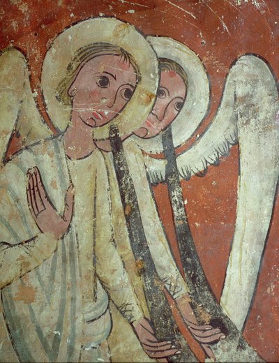 Monumento funerário, anjos com trombetas de Julgamento, detalhe (fresco) de Spanish School
