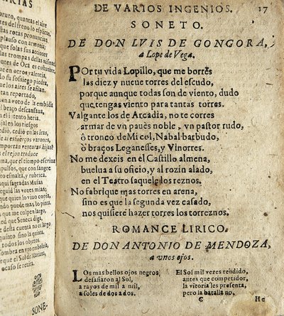 GOGOORA Y ARGOTE, Luis de (1561-1627). Poeta espanhol do Século de Ouro; VEGA CARPIO, Felix Lope de (1562-1635). Soneto a Lope de Vega", poema incluído em "Poesias varias de grandes ingenios espanoles", compilação feita por Ios de Spanish School