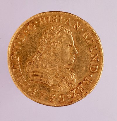Moeda de ouro (8 ecu) de Espanha: reinado de Filipe (Filippo ou Philippe) V (1700-1746). 1739 Diam. 3,6 cm Nápoles, museo archeologico de Spanish School