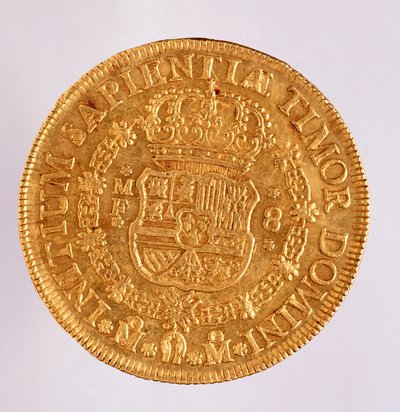 Moeda de ouro (8 ecu) de Espanha: reinado de Filipe (Filippo ou Philippe) V (1700-1746). 1739 Diam. 3,6 cm Nápoles, museo archeologico de Spanish School