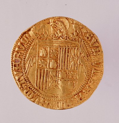 Moeda de ouro da Espanha: reinado dos reis católicos Ferdinando e Isabel (Fernando II de Aragão e Isabel I de Castela). 1474-1516 Diam. 2,7 cm Nápoles, museo archeologico de Spanish School