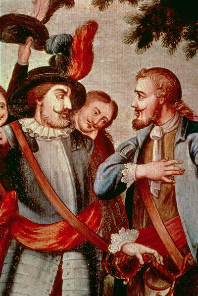 Hernando Cortes (1485-1547) e Diego di Velasquez (1465-1524) (óleo sobre tela) (detalhe) (ver 113574) de Spanish School
