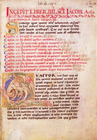 Historiated inicial &39;Q&39; representando três dragões, primeira página do Guia do Peregrino de St. James of Compostela, do &39;Codex Calixtinus&39; de Spanish School