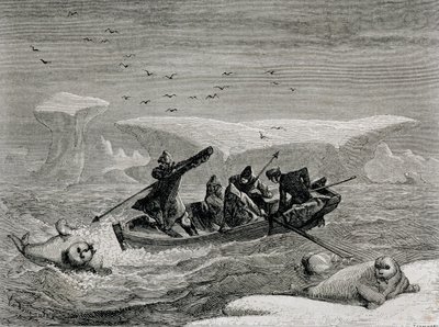 Morsa de caça com arpões nas ilhas Spitsbergen, arquipélago de Svalbard, ilustração de &39;The Return to the World&39;, 1865 de Spanish School