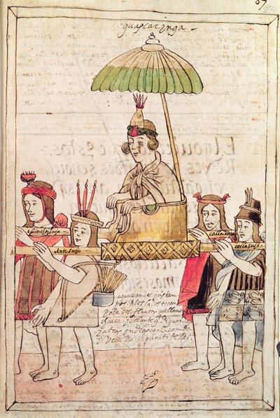 Ilustração de Huascar Inca da "Historia y Genealogia Real de los Reyes Incas del Peru, de sus hechos, costumbres, trajes y manera de Gobierno", conhecida como Codice Murua (velino) de Spanish School