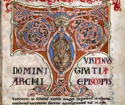 T inicial com uma representação de Carlos Magno, ilustração do Codex Calixtinus, c.1140 de Spanish School