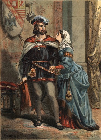 Joana de Espanha conhecida como La Folle (1479-1555), rainha de Castela e seu esposo Philippe Le Beau (1478-1506) rei de Espanha e arquiduque da Áustria em "El Culto de la Hermosura" de Juan Justo Huguet, Molinas Hermanos editores de Spanish School