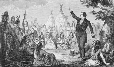 Joseph Smith, Fundador da Igreja Mórmon, Pregação aos Índios, de &39;La Vuelta al Mundo&39;, publicado em Madri, 1865 (gravura) de Spanish School