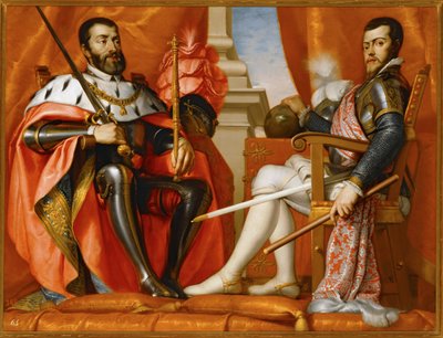Carlos V com o seu filho Filipe II ... (pintura sobre tela) de Spanish School