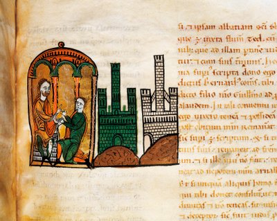 Rei Afonso II de Aragão recebendo um cortesão, do manuscrito "Liber Feudorum Maior de Spanish School