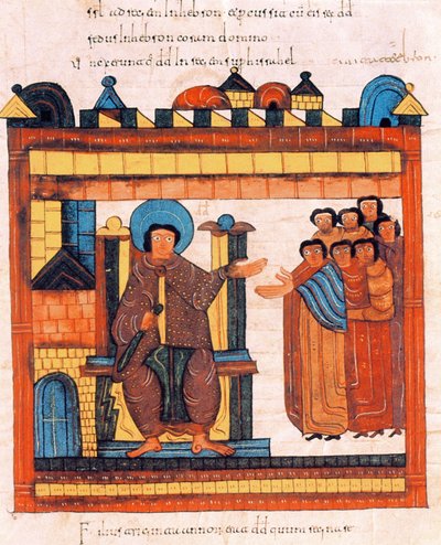 Rei Davi sentado em seu trono e cercado por sua corte, da Bíblia Visigodo-moçárabe de Santo Isidor, em 1262 dC, 960 dC (tempera sobre velino) de Spanish School