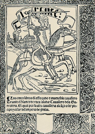 Cavaleiro no seu monte, Frontispício da obra espanhola Tirant lo Blanc de Joanot MARTORELL (1413-1468) de Spanish School