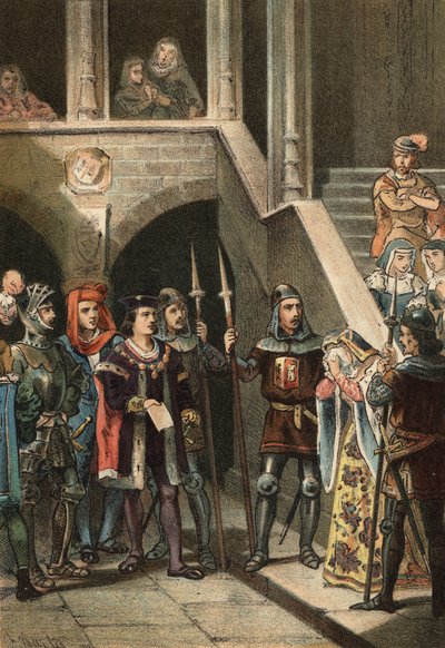 Leonor de Guzman, favorita do rei Afonso XI, parada e executada por Don Alfonso Fernandez de Olmedo, sob a ordem da rainha Maria de Portugal, no século XIV. em "El Culto de la Hermosura" de Juan Justo Huguet, Molinas Hermanos editores de Spanish School