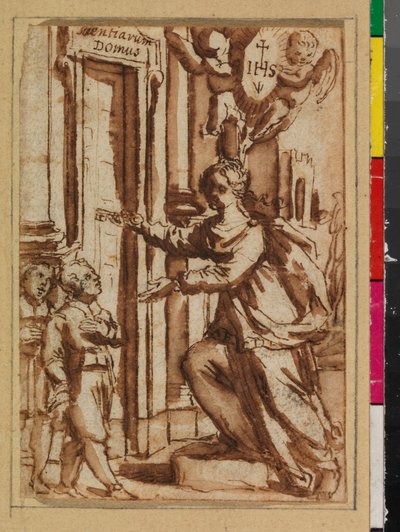 Alfabetização destrancando a porta do aprendizado, anteriormente "Sabedoria abrindo a porta do conhecimento", 1575-1600 de Spanish School