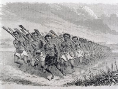 Guerreiros maori realizando uma dança de guerra, ilustração de &39;o retorno ao mundo&39; (gravura) de Spanish School