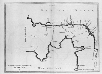 Mapa da América Central (Panamá) a partir de um volume espanhol de viagens do início do século XVII. O mapa é orientado na modalidade antiga (nordeste a leste) e o Oceano Atlântico é chamado de Mar do Norte e Mar do Pacífico Sul. de Spanish School