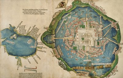 Um mapa de Tenochtitlan e no Golfo do México, de fina Ferdinadi Cortesi falando sobre o New Oceano Atlântico Espanha por Hernando Cortes (1485-1547) 1524 de Spanish School