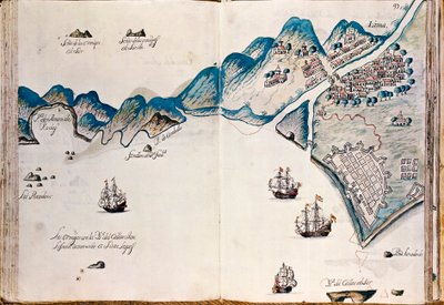 Mapa de parte da Nova Espanha, da costa do Peru e da cidade de Lima, de "Mapas das costas da América no Mar do Sul, da última população de espanhóis nelas, que é a cidade de Compostela, a partir de agora" de Spanish School
